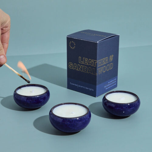 contemporary kiln dark blue tea lights x 3 leather and sandalwood by zesty lemons