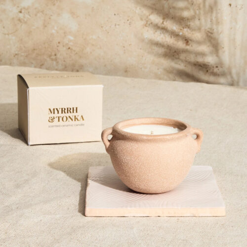 marrakesh sandstone pottery candle myrrh and tonka by zesty lemons