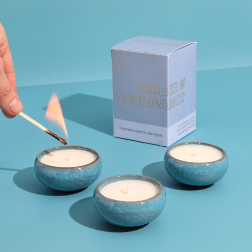 contemporary kiln sky blue tea lights amber & bergamot by Zesty Lemons London