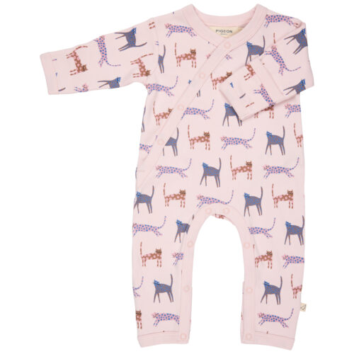 kimono romper cats pink by pigeon organics aw25