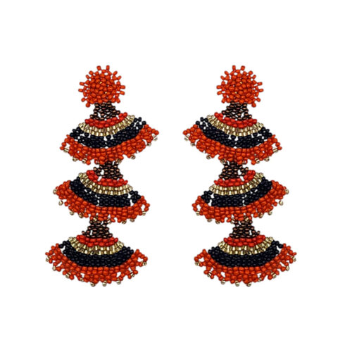 coral and navy mix beaded triple fan drop earrings